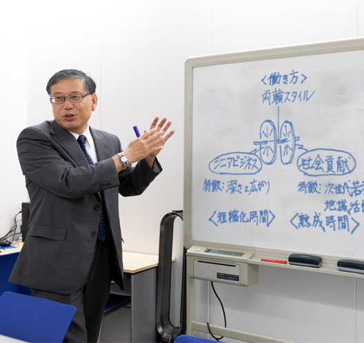 写真:ホワイトボードでの講義